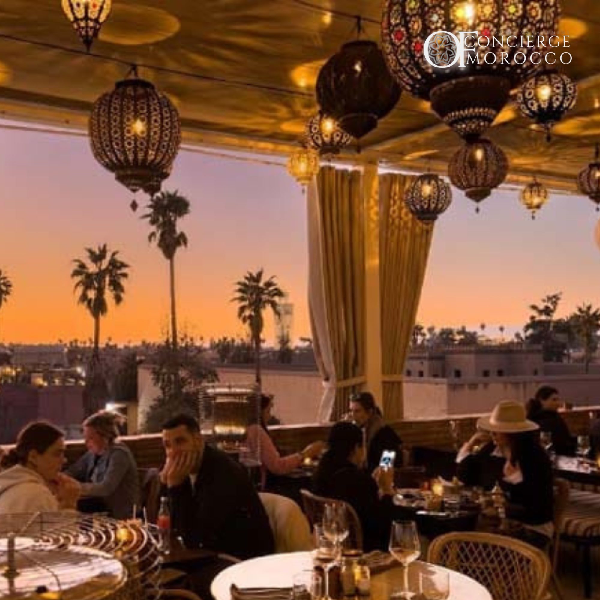 Moroccan rooftop dining at sunset
